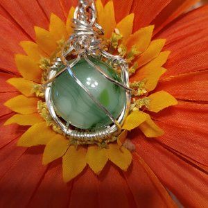 Necklace with fused green glass pendent, wrapped in elegant silver wire, silver